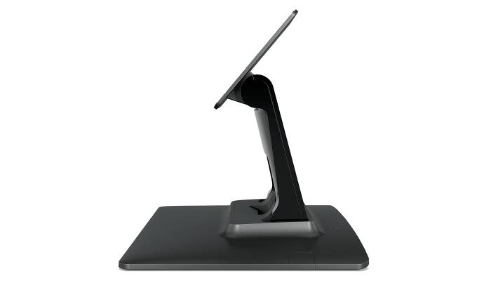 Schwarzes Touchscreen-Kassenterminal auf einem flachen rechteckigen Ständer, dargestellt in Seitenansicht vor weißem Hintergrund.