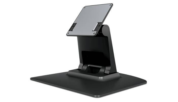 Schwarzer verstellbarer Ständer mit flacher Basis und geneigter Rückplatte zum Halten eines Tablets oder kleinen Displays.