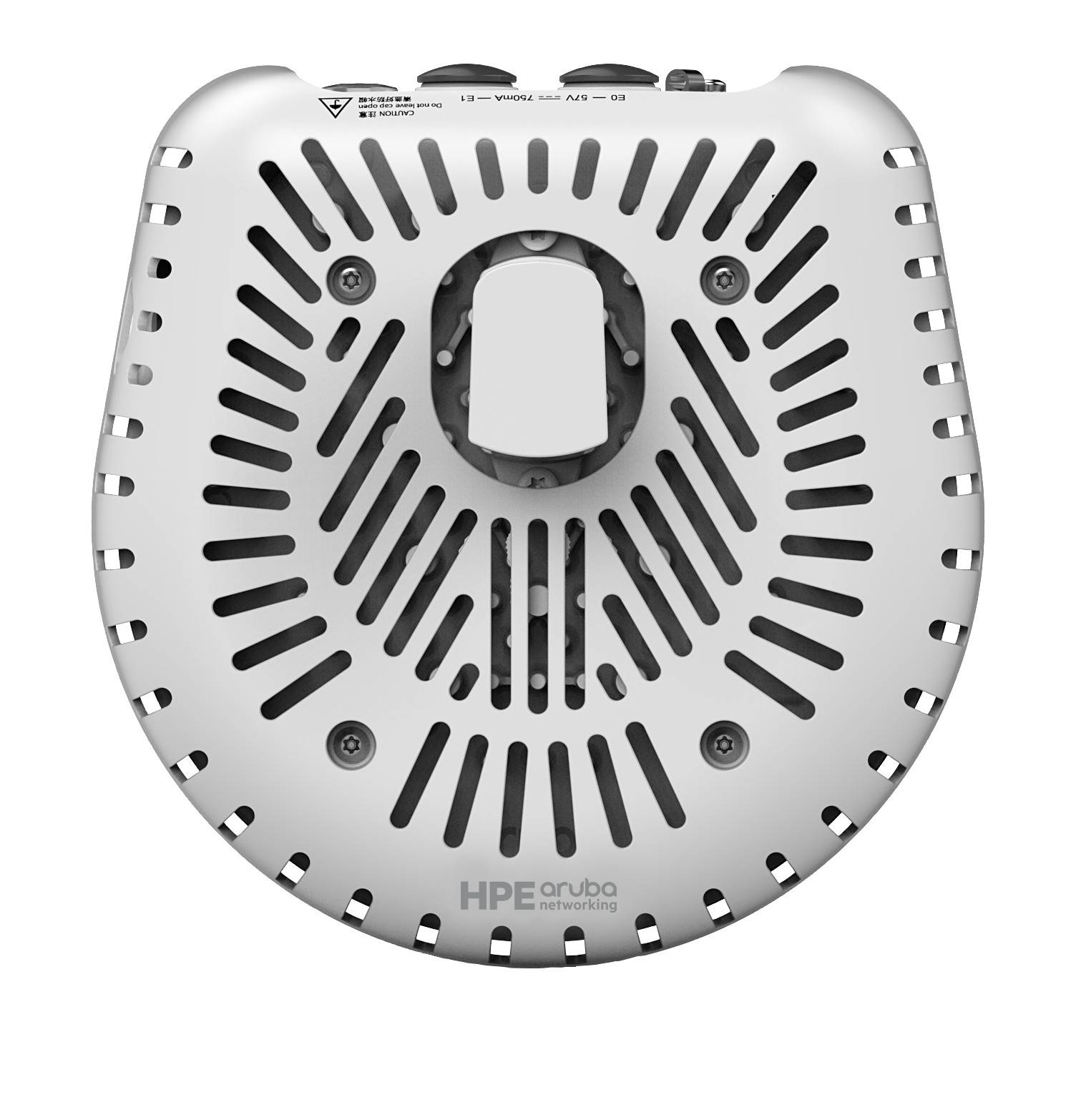 Weißer HPE Aruba Networking Wireless-Zugriffspunkt mit belüfteter Vorderseite, von vorne auf einfachem Hintergrund dargestellt.