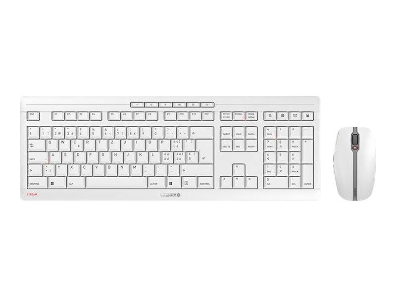 Weiße kabellose Tastatur mit Ziffernblock und entsprechende Maus nebeneinander auf einfachem Hintergrund dargestellt.