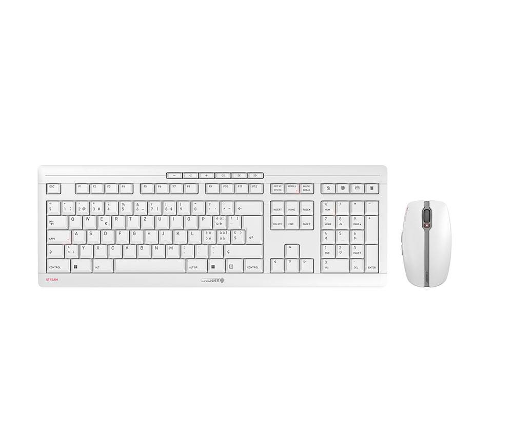 Weißes kabelloses Tastatur- und Mauseset auf einfarbigem Hintergrund, mit Vollformat-Tastatur und separater Maus daneben.