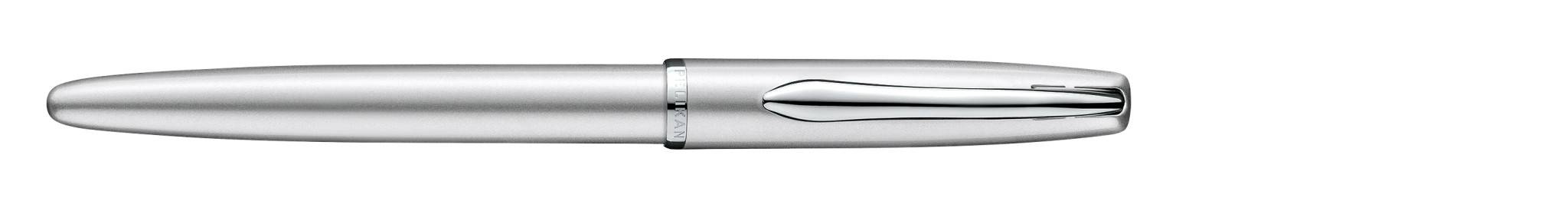 Silberner Kugelschreiber mit schlankem metallischem Gehäuse und Clip, horizontal auf weißem Hintergrund abgebildet.