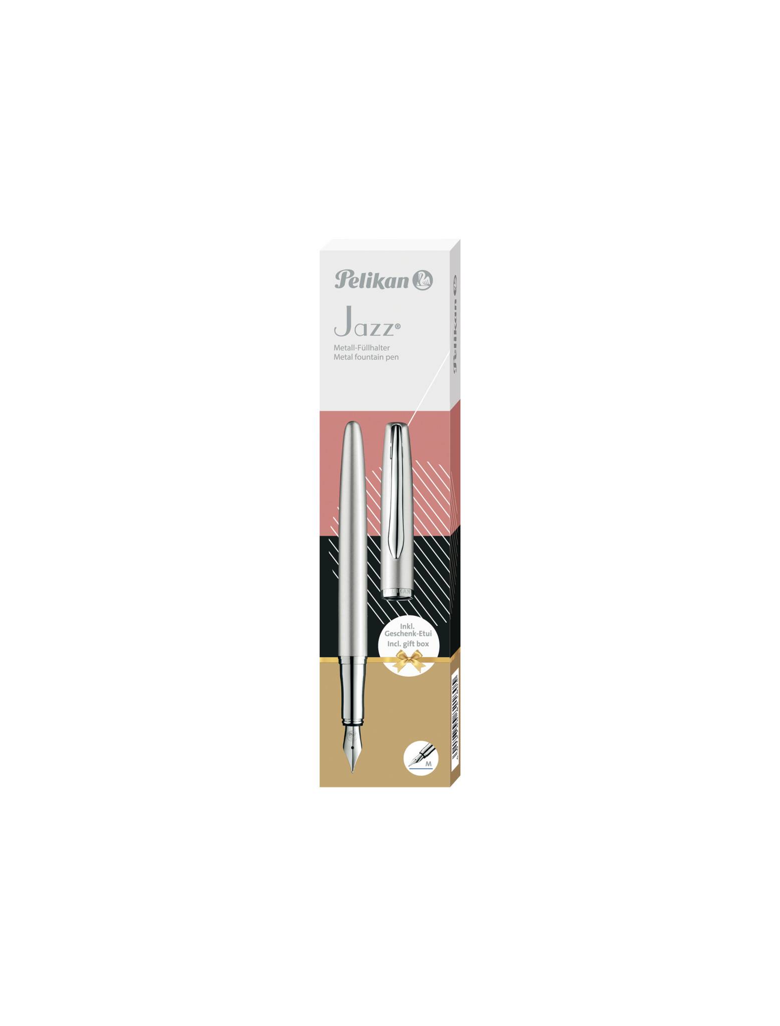 Verpackung für ein Pelikan Jazz Füllfederset, das einen silbernen Stift und eine passende Patrone auf einer weiß-rosa-schwarzen und goldenen Schachtel zeigt.