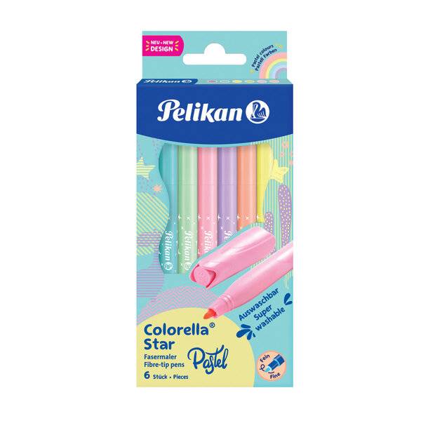 Pelikan Colorella Star Pastellfarbige Fasermaler im 6er Pack, 6 auswaschbare Marker in verschiedenen Farben, in Einzelhandelsverpackung dargestellt.