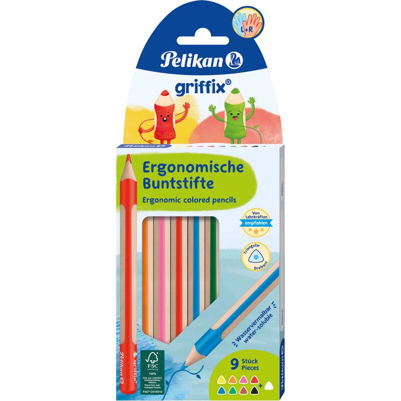 Pelikan griffix ergonomische Buntstifte mit 9 Stiften, dargestellt in einer Box mit der Aufschrift 'Ergonomische Buntstifte' und '9 Stück/Pieces'.