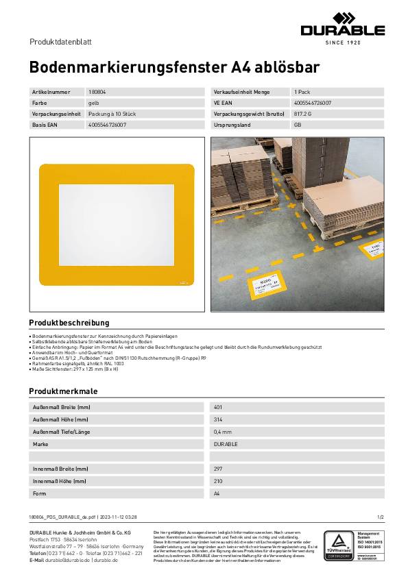 Stellplatzmarkierung Form rechteck.DIN A4 gelb 10 St.DURABLE