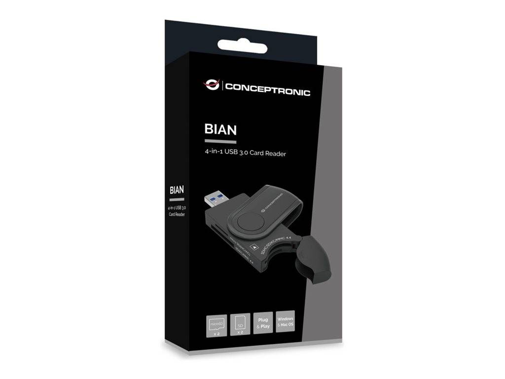Verpackung für Conceptronic BIAN 4-in-1 USB 3.0-Kartenleser mit Darstellung des Geräts und unterstützten Speicherkarttypen.