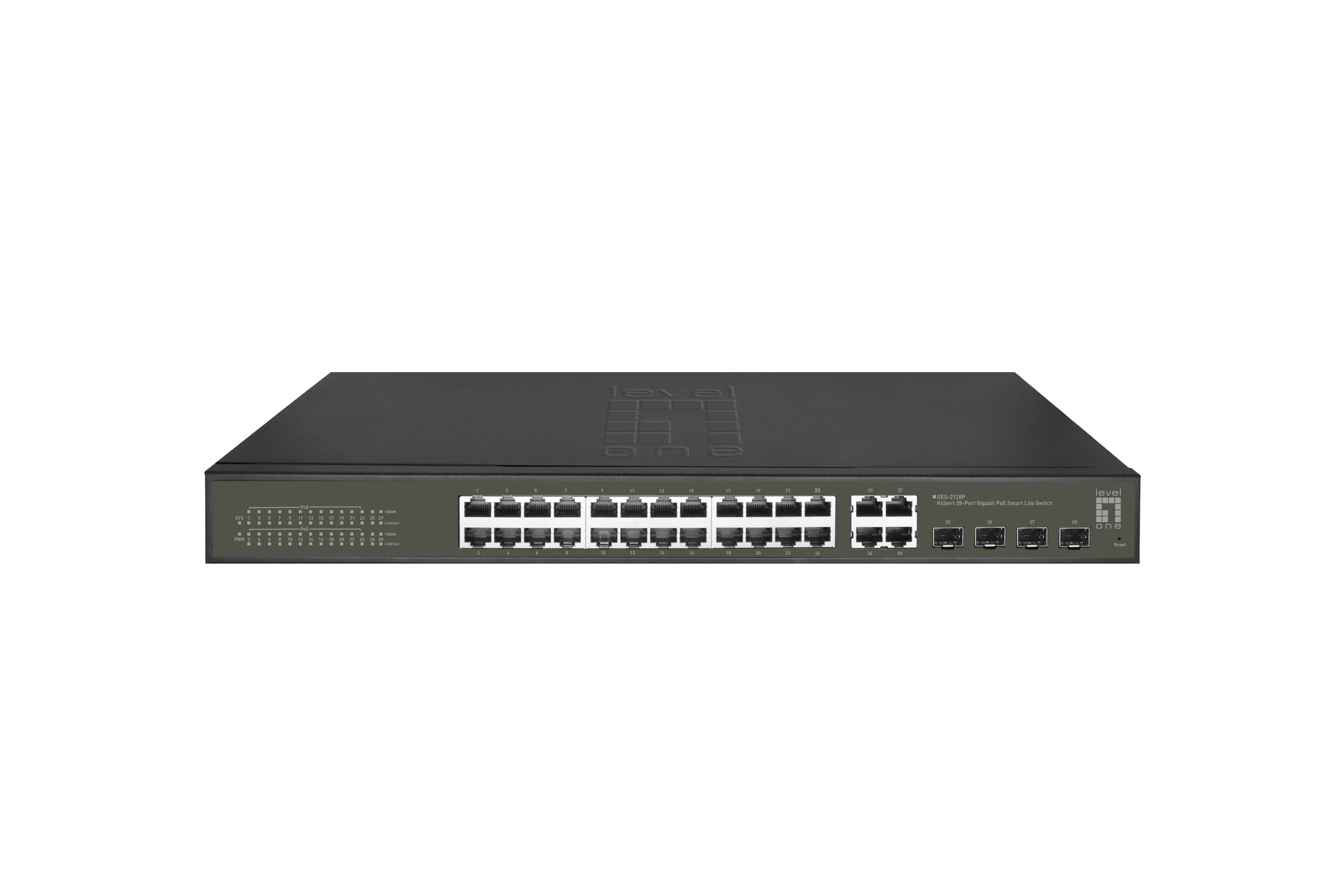 LevelOne Hilbert 28-Port Gigabit PoE Smart Lite Switch - 24 PoE Ausgänge - 4 x Gigabit SFP/RJ45 Combo - 802.3at/af PoE - 380W PoE-Leistungsbudget