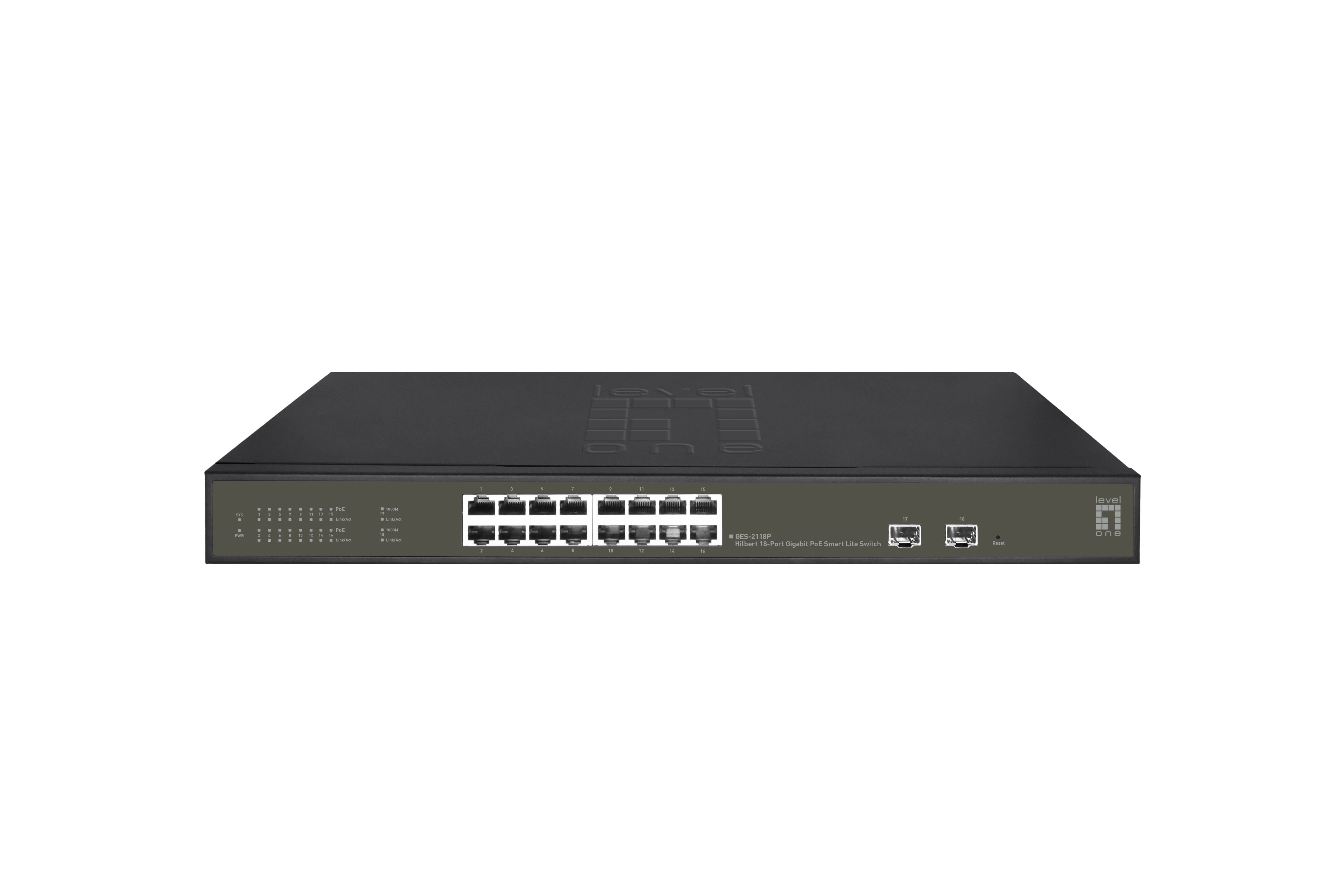LevelOne Hilbert 18-Port Gigabit PoE Smart Lite Switch - 16 PoE Ausgänge - 2 x Gigabit SFP - 802.3at/af PoE - 230W PoE-Leistungsbudget - Managed