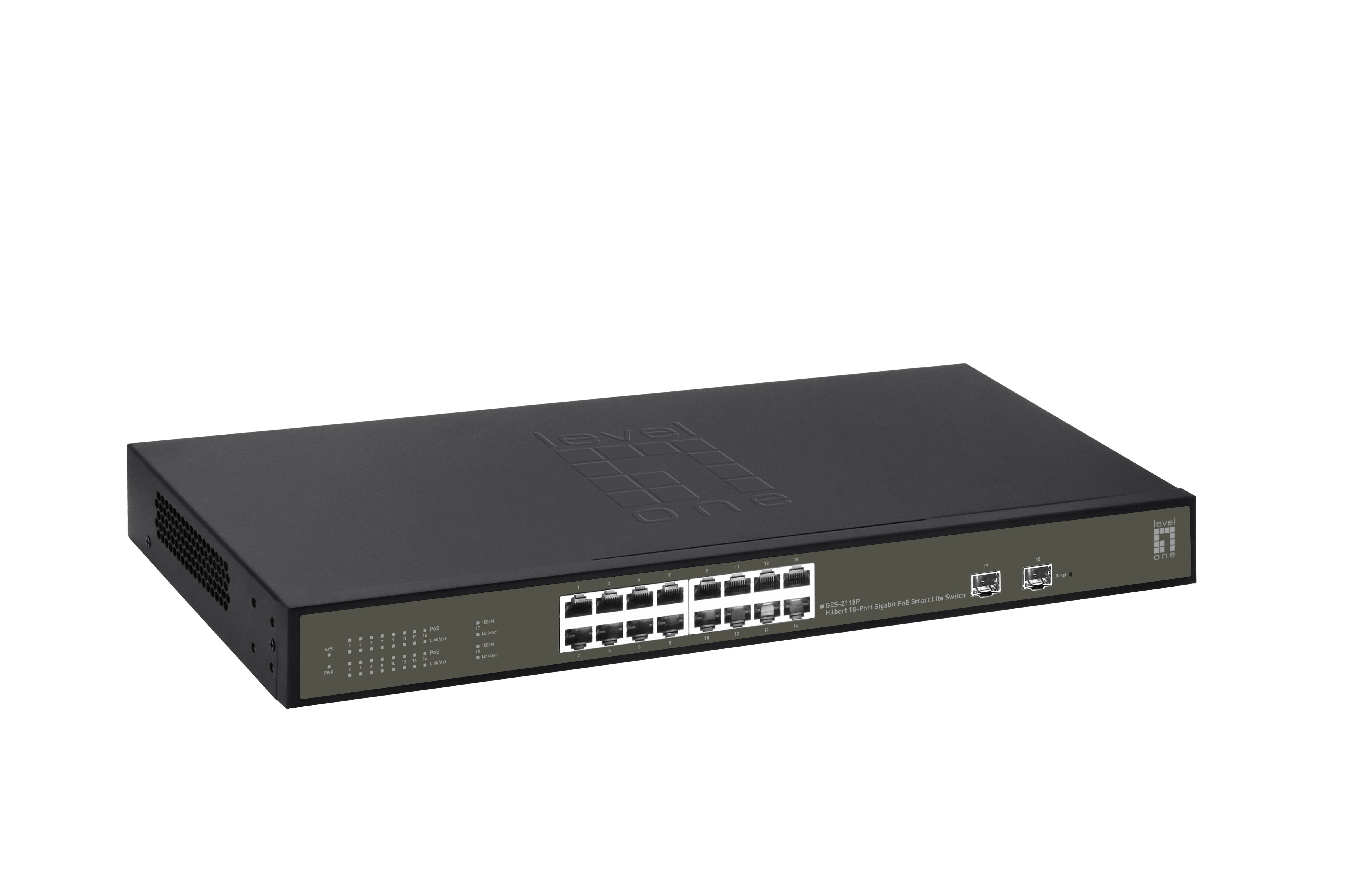 LevelOne Hilbert 18-Port Gigabit PoE Smart Lite Switch - 16 PoE Ausgänge - 2 x Gigabit SFP - 802.3at/af PoE - 230W PoE-Leistungsbudget - Managed