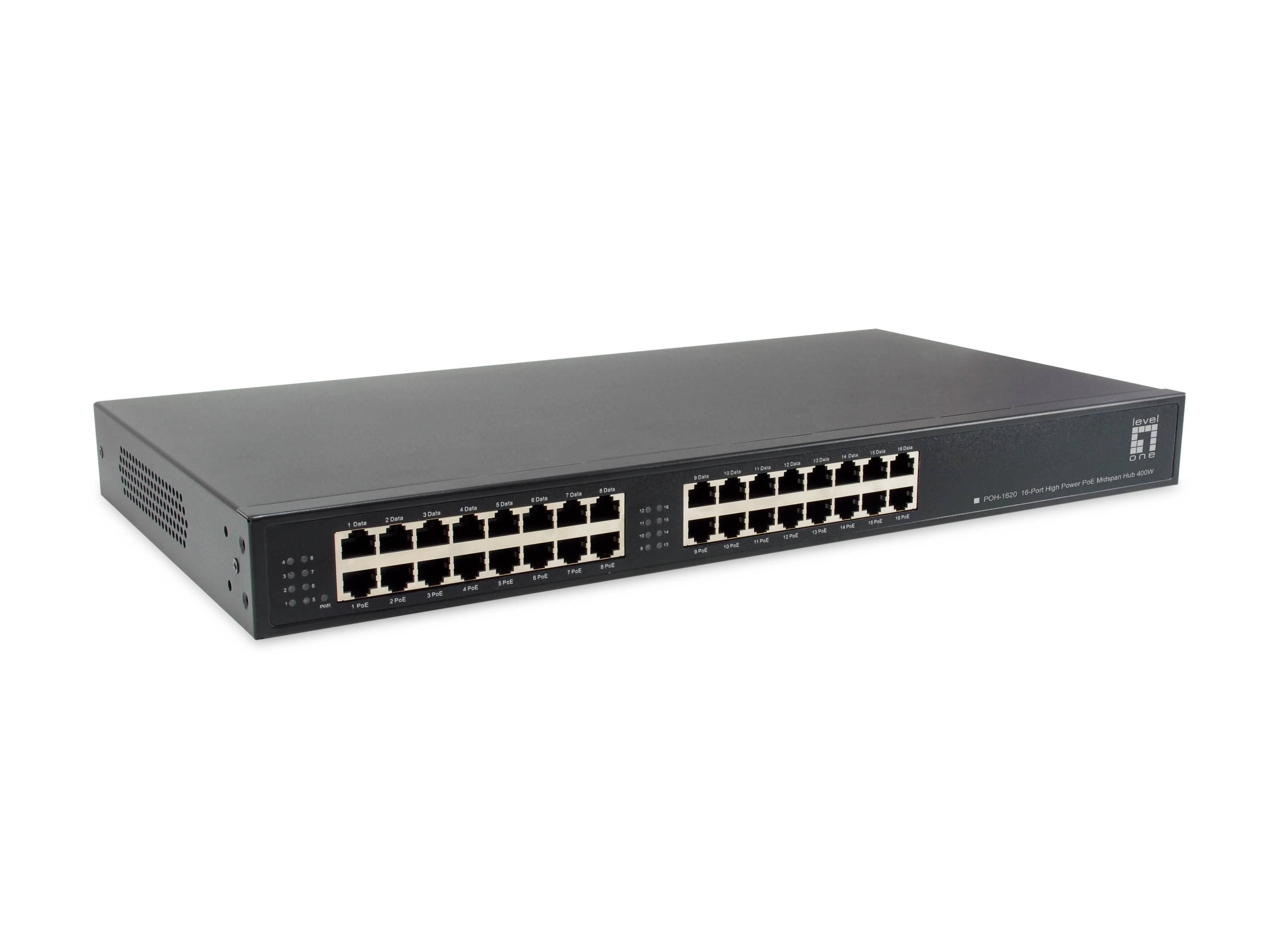 LevelOne POH-1620 16-Port High Power PoE Midspan Hub ,400W - Schnelles Ethernet