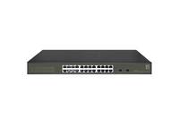 Vorderansicht eines schwarzen 24-Port-Ethernet-Netzwerk-Switches mit Statusleuchten und zwei zusätzlichen Anschlüssen auf der rechten Seite.