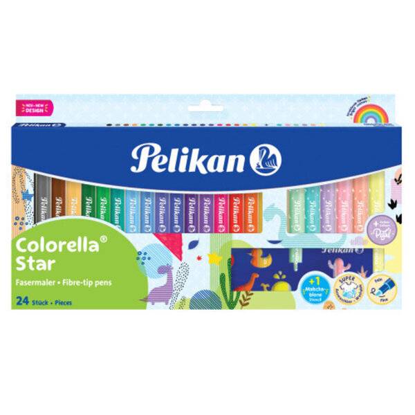 Pelikan Colorella Star 24er-Set mit Fasermaler in verschiedenen Farben, dargestellt in Einzelhandelsverpackung.