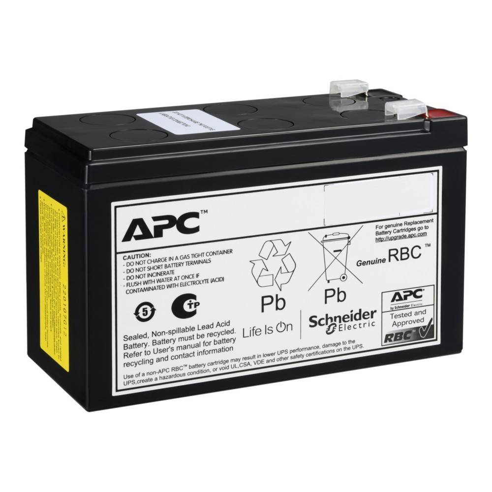 APC-Batterie mit 'Pb'-Kennzeichnung, Schneider-Logo und Recycling-Symbolen. Modell unterstützt USV-Systeme. Schwarzes Gehäuse mit Warnhinweisen.
