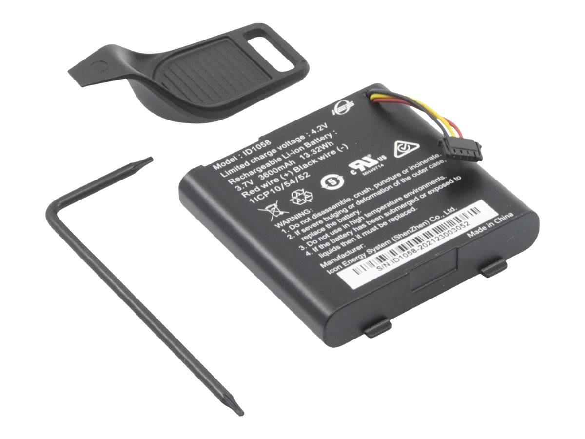 Schwarzes wiederaufladbares Batteriepack mit Anschluss, abgebildet mit einer Gummiabdeckung und einem kleinen Sechskantschlüssel auf weißem Hintergrund.