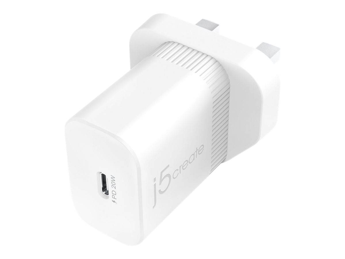 Weißes USB-C-Wandladegerät mit UK-Stecker, beschriftet mit „PD 20W