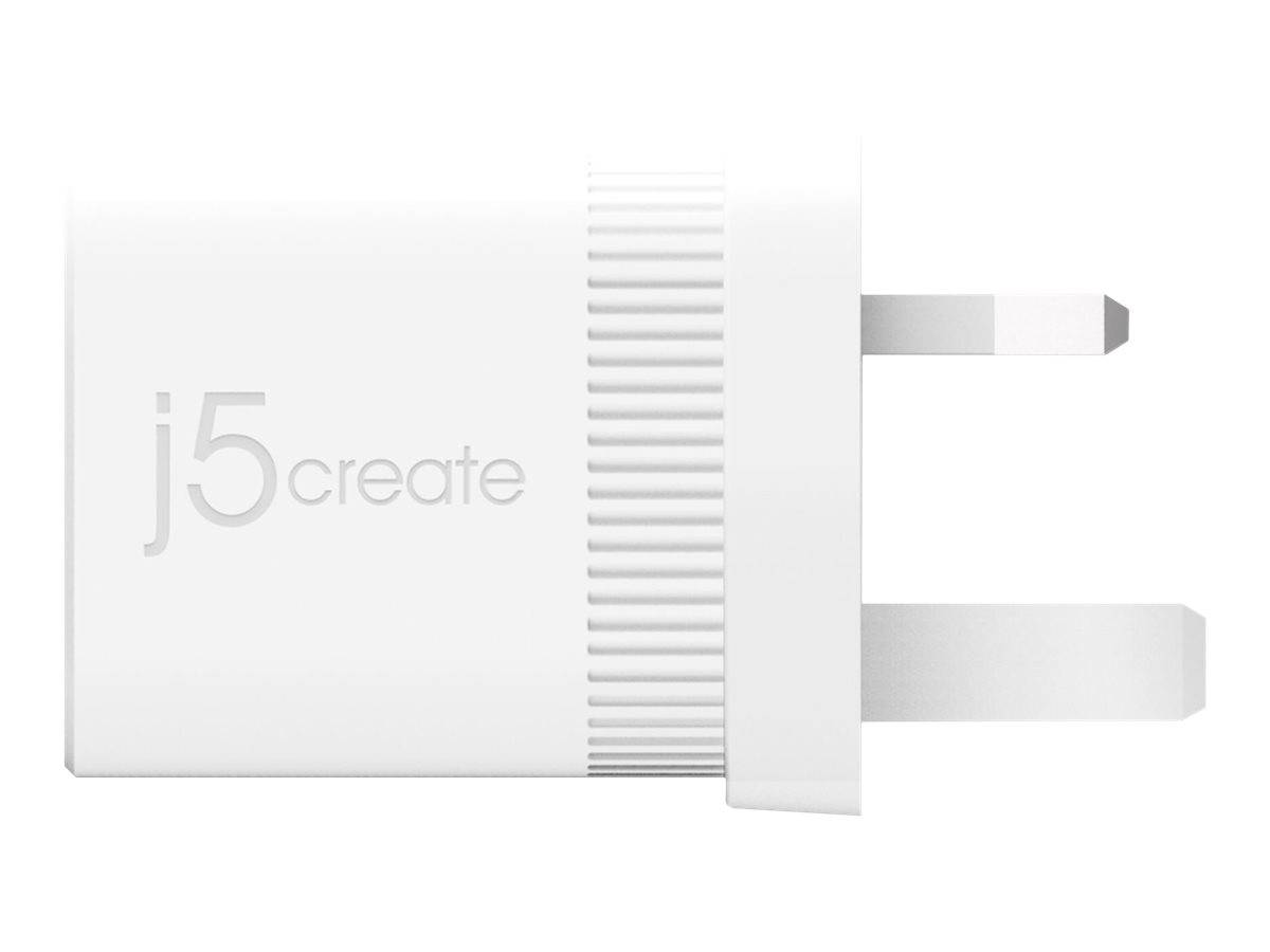 Weiß j5create USB-Wandladegerät mit zwei Stecker-Kontakten, dargestellt in der Seitenansicht.