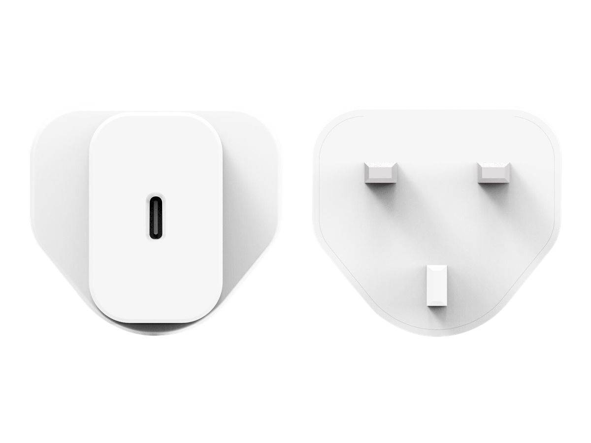 USB-C-Stromadapter von vorne und von der Seite gezeigt, mit einem zentrierten USB-C-Anschluss und drei Stiften auf der Rückseite.