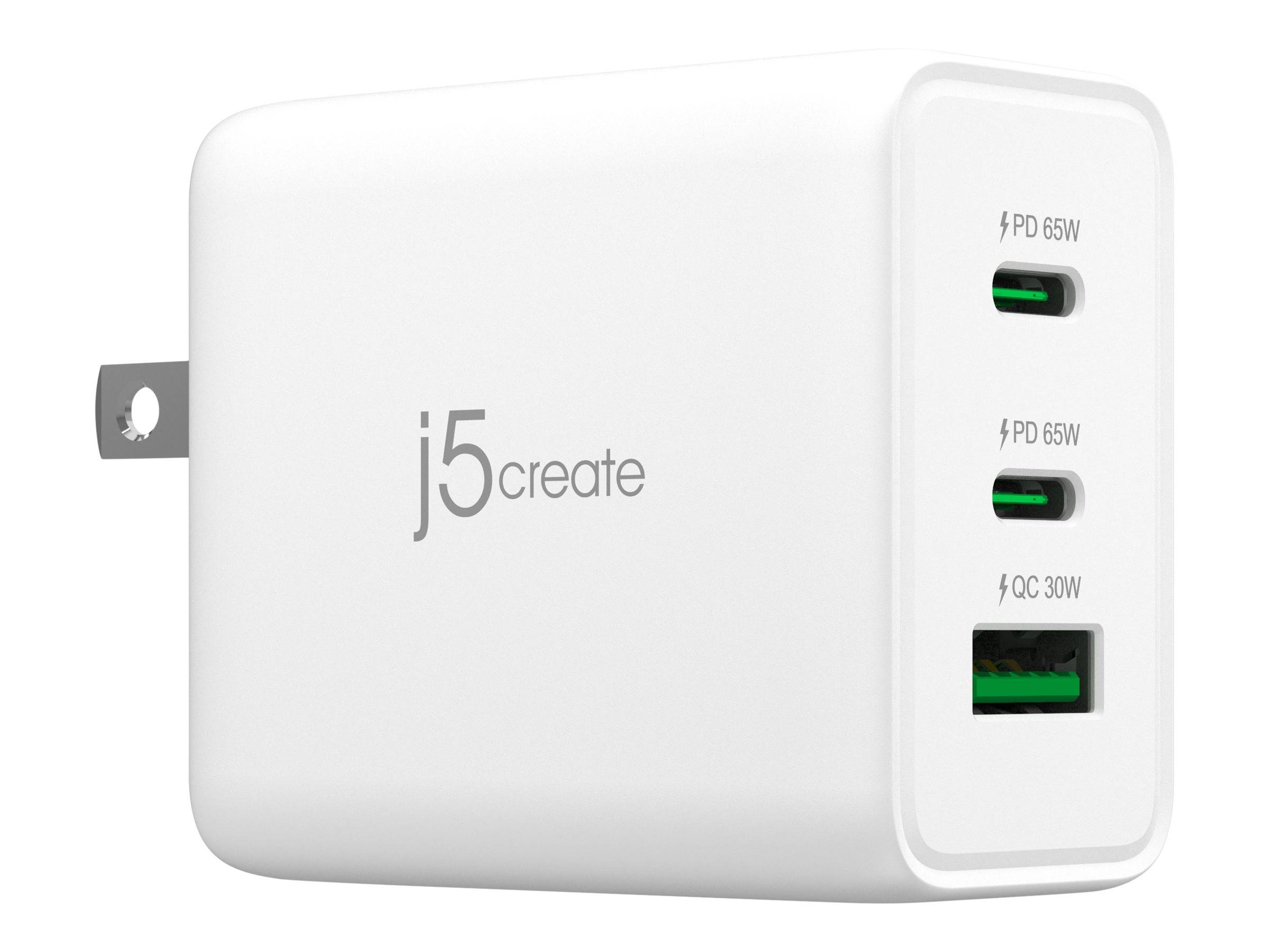 j5create - Netzteil - GaN-Technologie - 65 Watt - 4.5 A - PD 3.0, QC 3.0 - 3 Ausgabeanschlussstellen (USB Typ A, 2 x USB