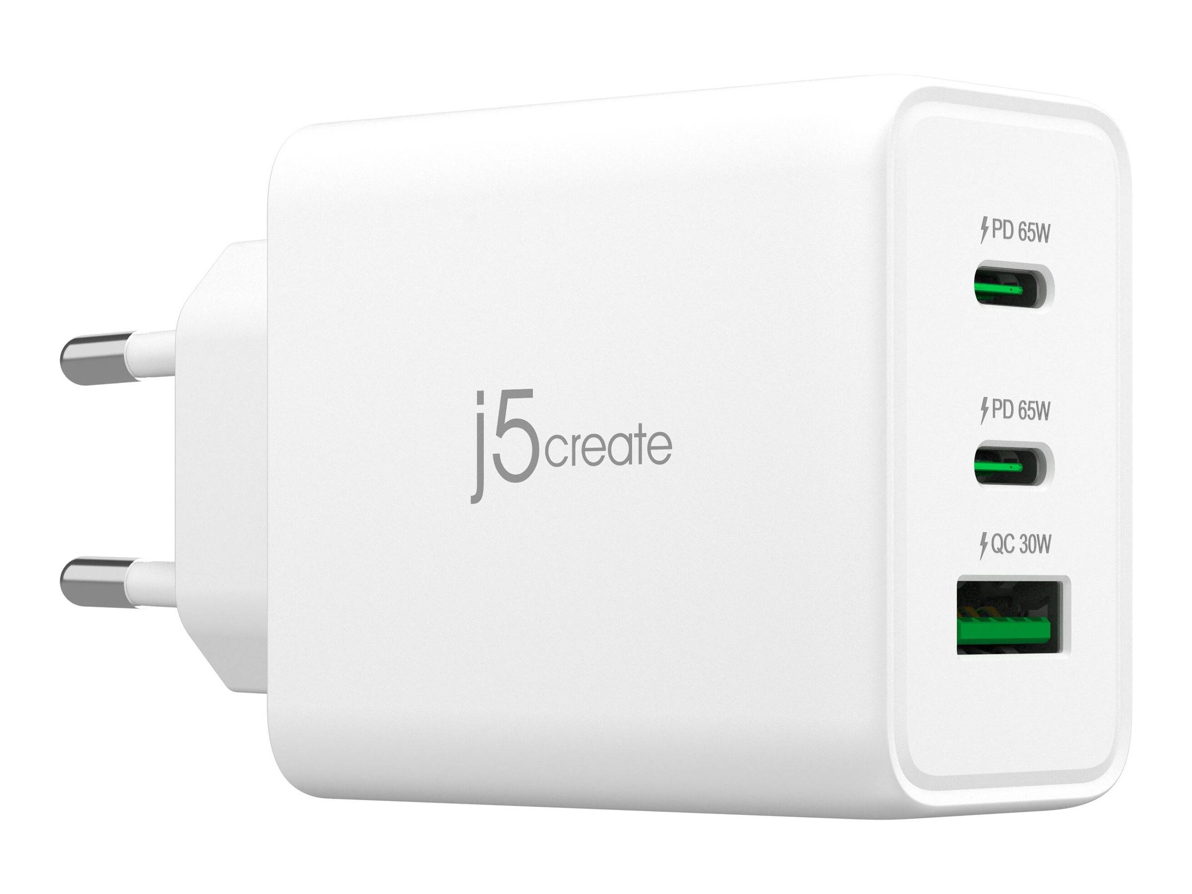 j5create - Netzteil - GaN-Technologie - 65 Watt - 4.5 A - PD 3.0, QC 3.0 - 3 Ausgabeanschlussstellen (USB Typ A, 2 x USB