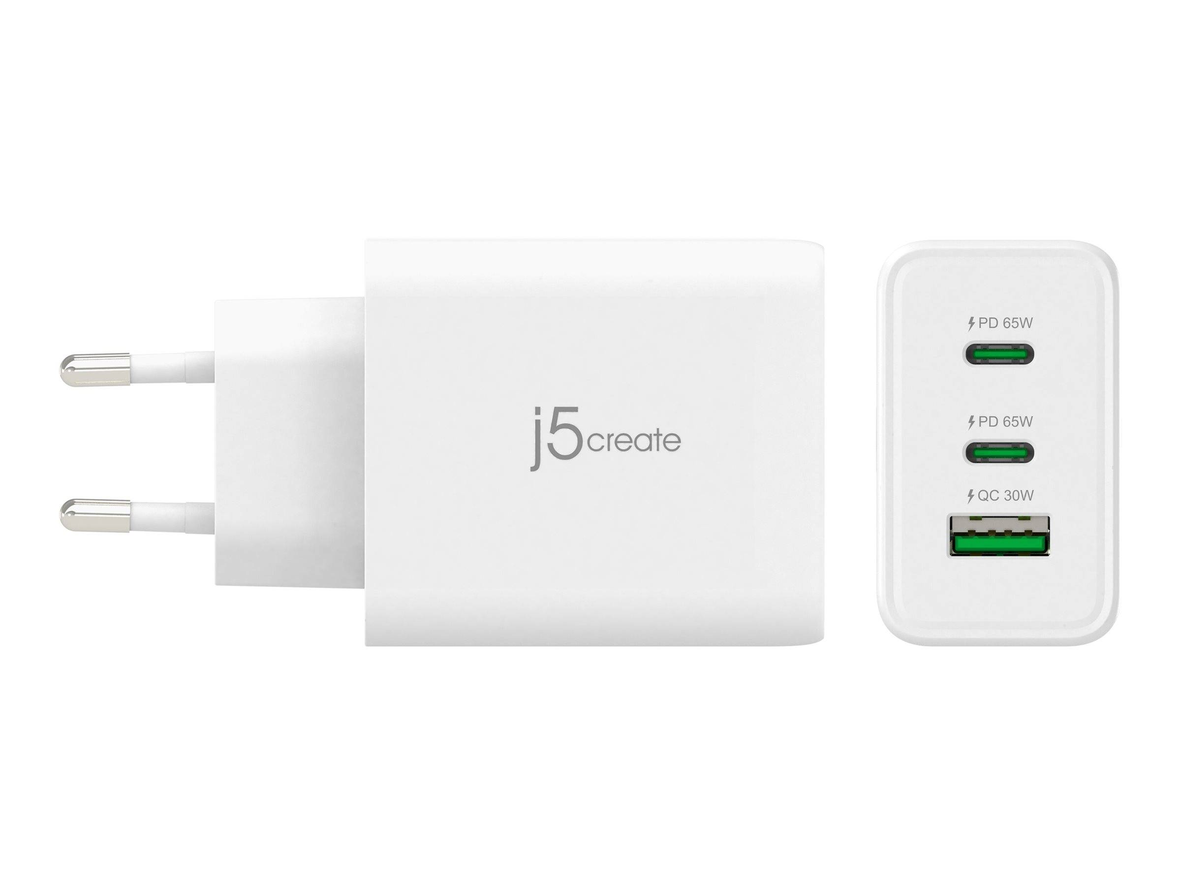 j5create - Netzteil - GaN-Technologie - 65 Watt - 4.5 A - PD 3.0, QC 3.0 - 3 Ausgabeanschlussstellen (USB Typ A, 2 x USB