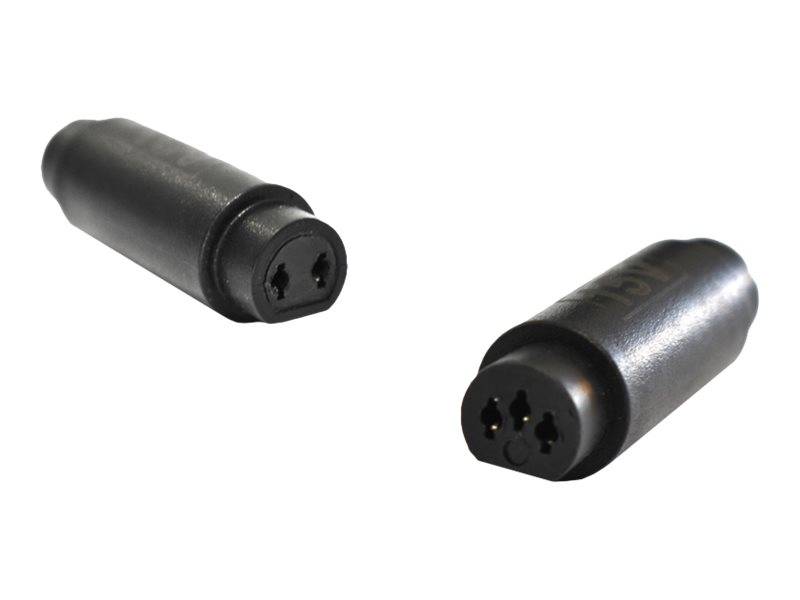Zwei schwarze zylindrische Steckverbinder mit jeweils drei Löchern, diagonal auf weißem Hintergrund angeordnet.