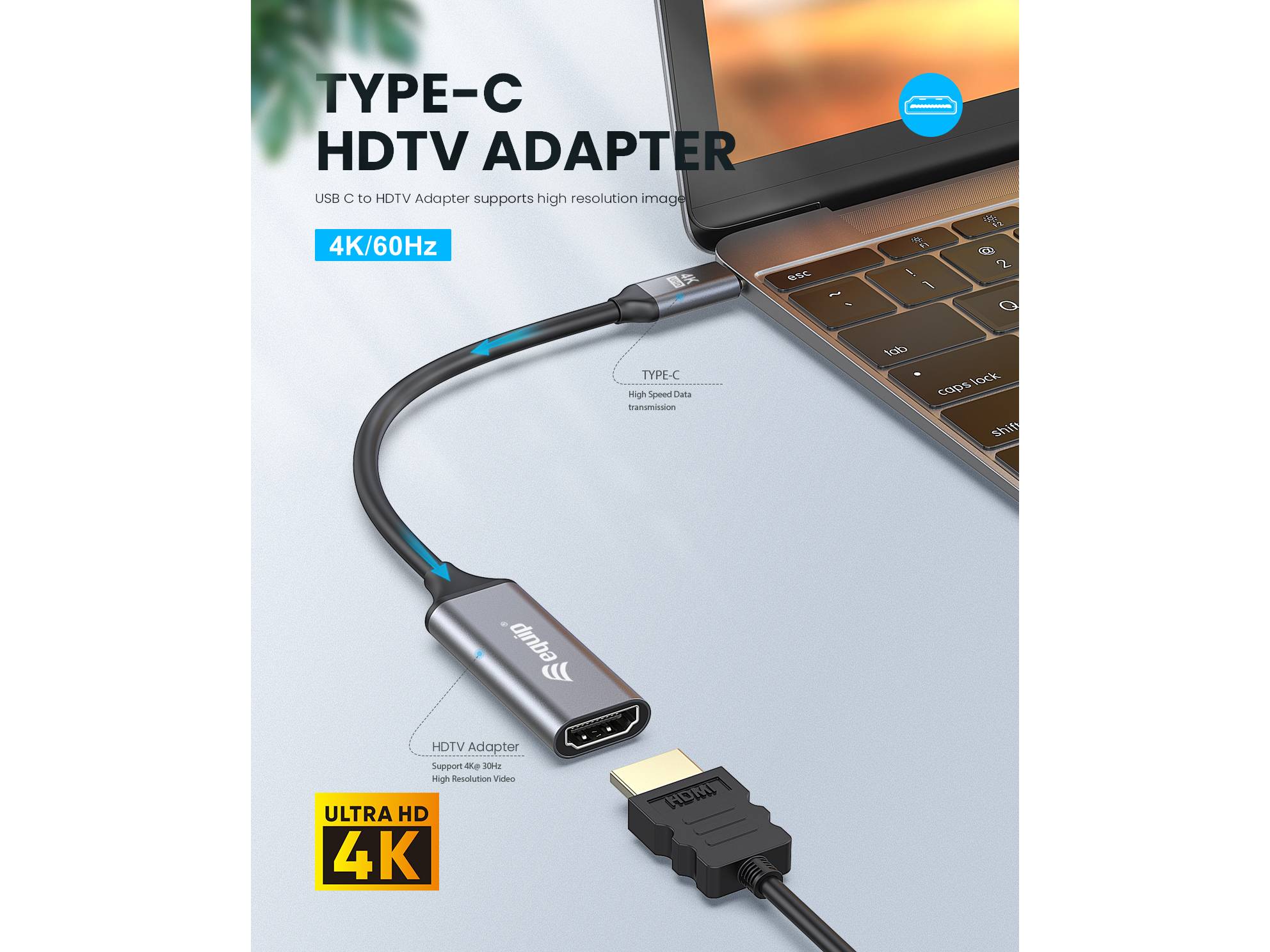 Equip Adapterkabel - 24 pin USB-C männlich zu HDMI weiblich - 15 cm - Grau - unterstützt 4K 60 Hz (3840 x 2160)