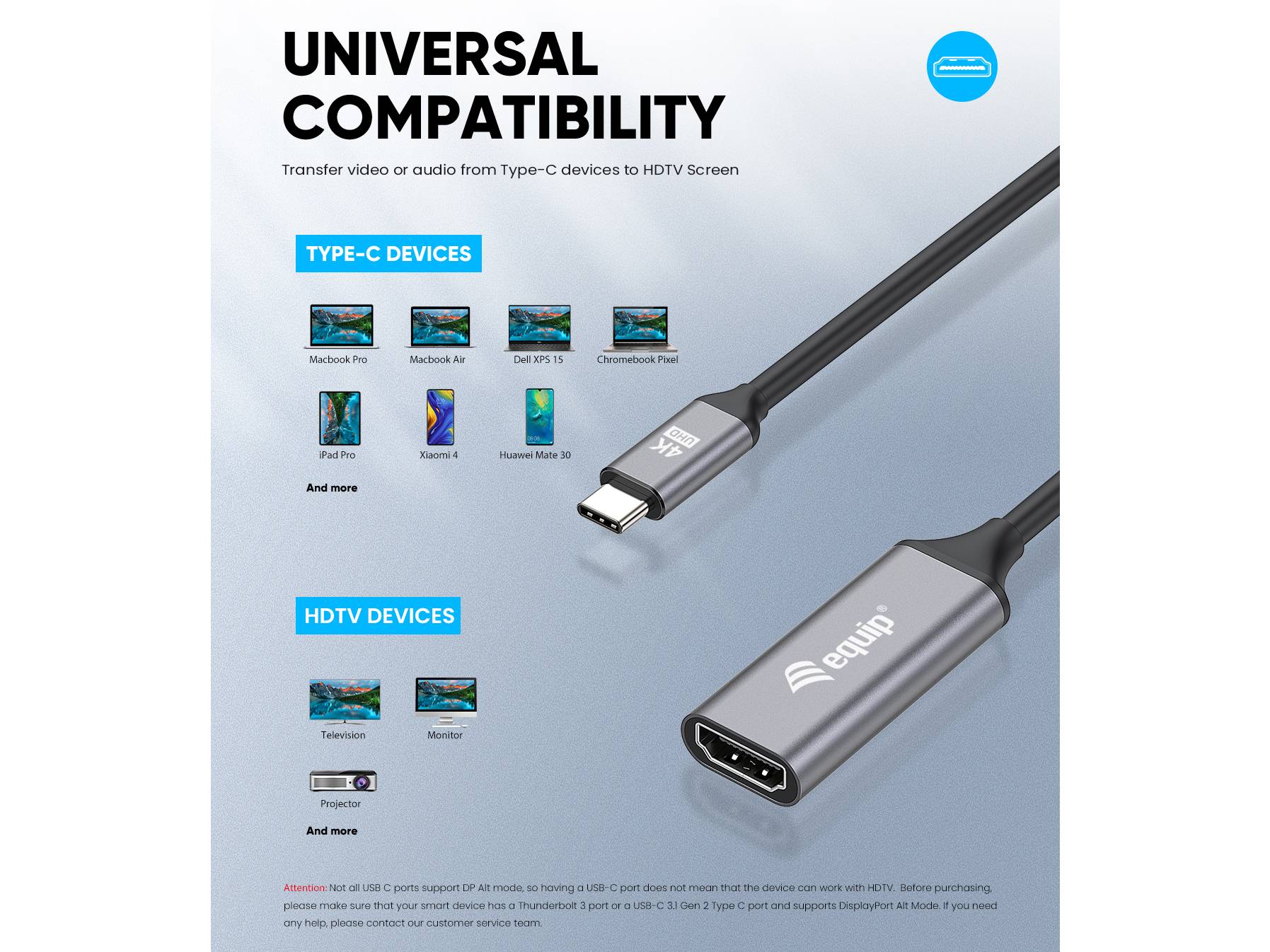 Equip Adapterkabel - 24 pin USB-C männlich zu HDMI weiblich - 15 cm - Grau - unterstützt 4K 60 Hz (3840 x 2160)