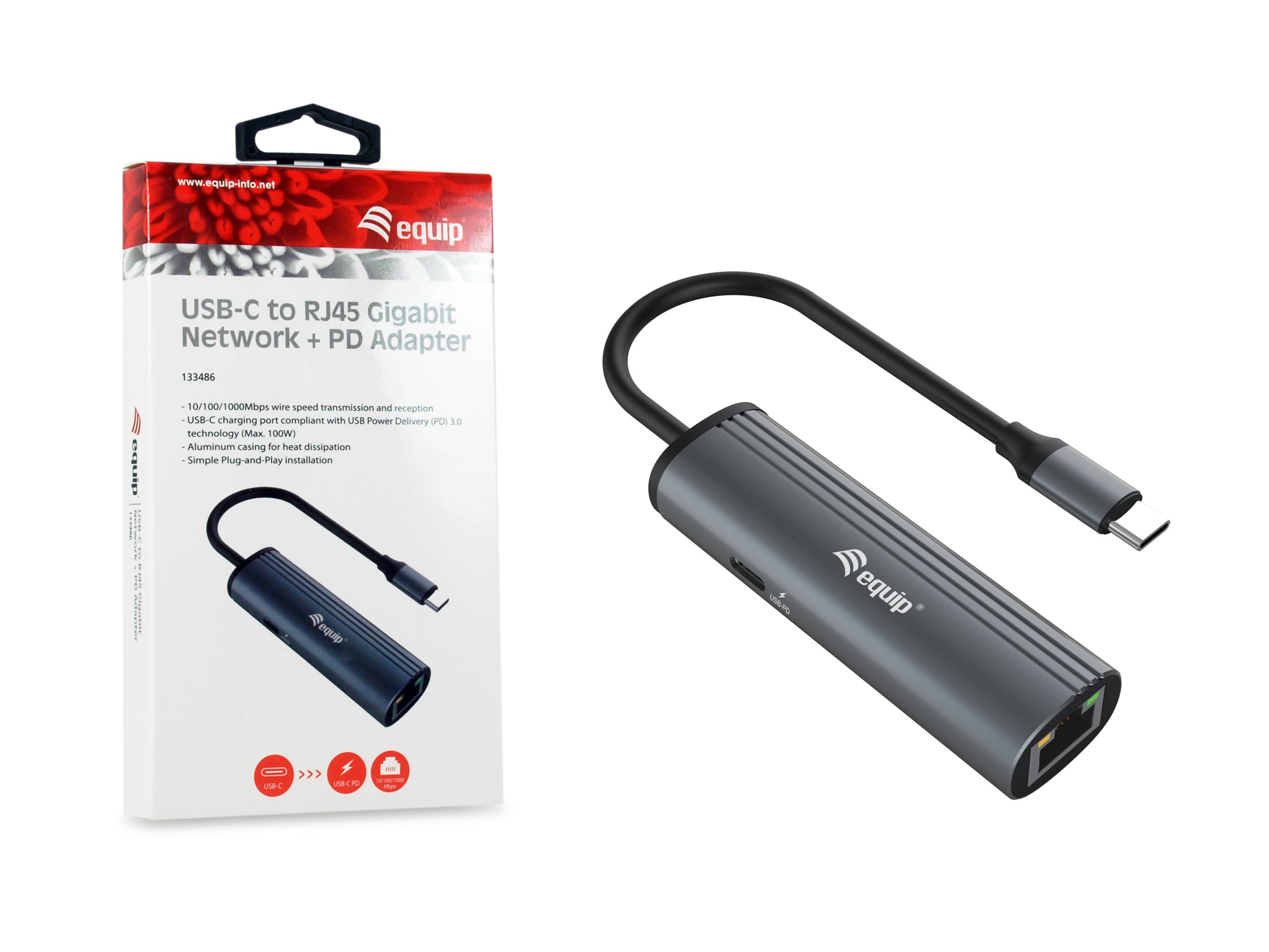 Equip USB-C-auf-RJ45-Gigabit-Netzwerk + PD-Adapter - USB Typ-C - 100 W - 10,100,1000 Mbit/s - Schwarz - Grau - RJ-45 - USB 3.2 Gen 1 (3.1 Gen 1)