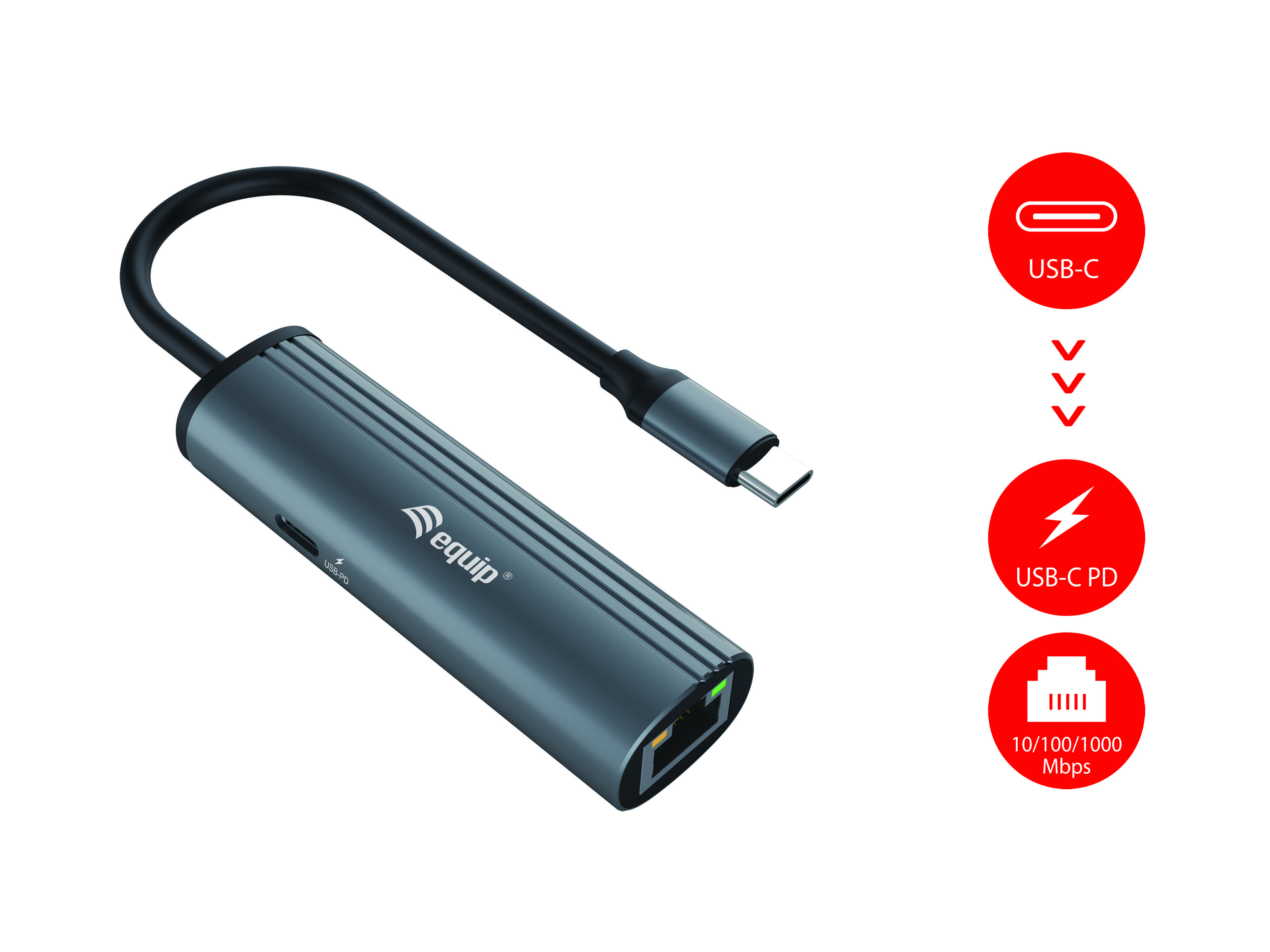 Equip USB-C-auf-RJ45-Gigabit-Netzwerk + PD-Adapter - USB Typ-C - 100 W - 10,100,1000 Mbit/s - Schwarz - Grau - RJ-45 - USB 3.2 Gen 1 (3.1 Gen 1)