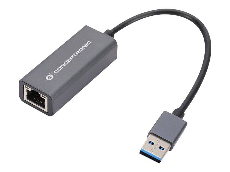 USB-3.0-zu-Ethernet-Adapter mit einem einzelnen RJ45-Anschluss und angebautem USB-Stecker, dargestellt auf weißem Hintergrund.