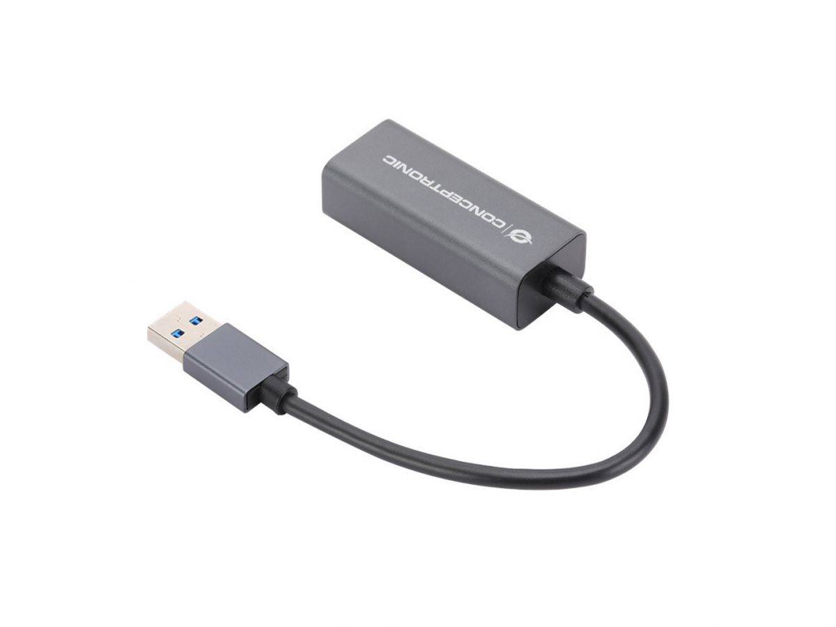 USB-zu-Ethernet-Adapter-Dongle mit kurzem Kabel und kompaktem grauem Anschlussgehäuse.