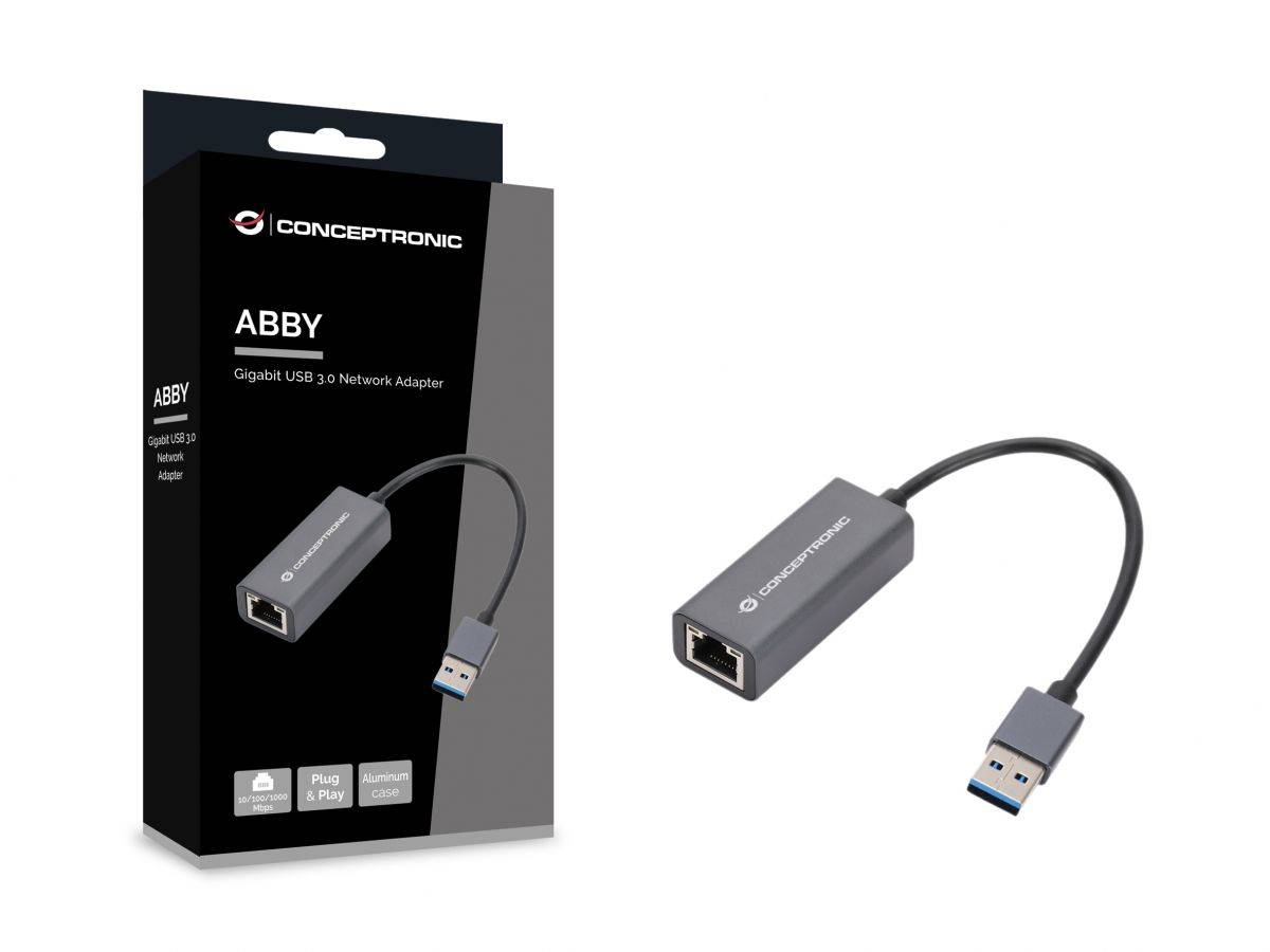 Conceptronic ABBY Gigabit USB 3.0 Netzwerkadapter, dargestellt mit Produktverpackung und grauem USB-zu-Ethernet-Adapter.