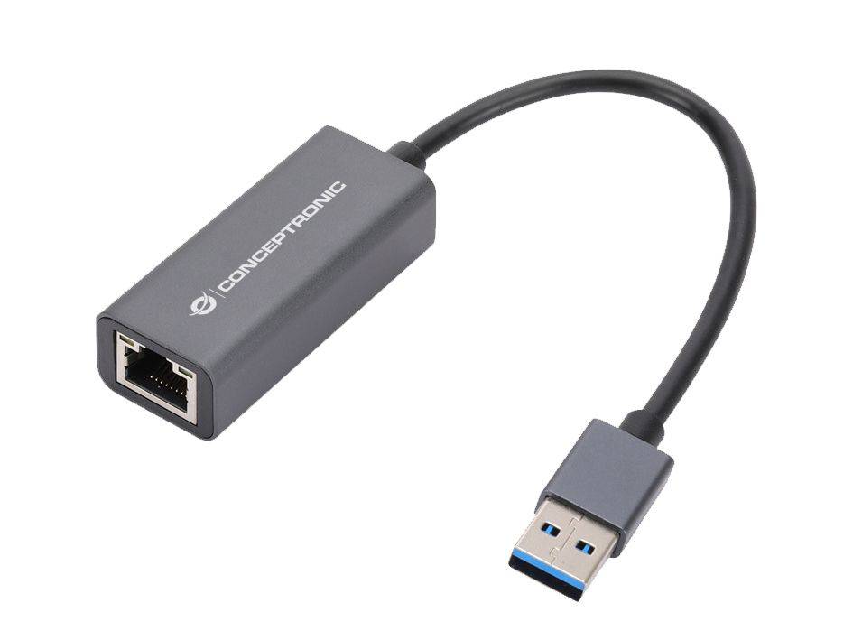 USB-Ethernet-Adapter-Dongle mit RJ45-Anschluss und USB 3.0-Stecker, gezeigt auf weißem Hintergrund.