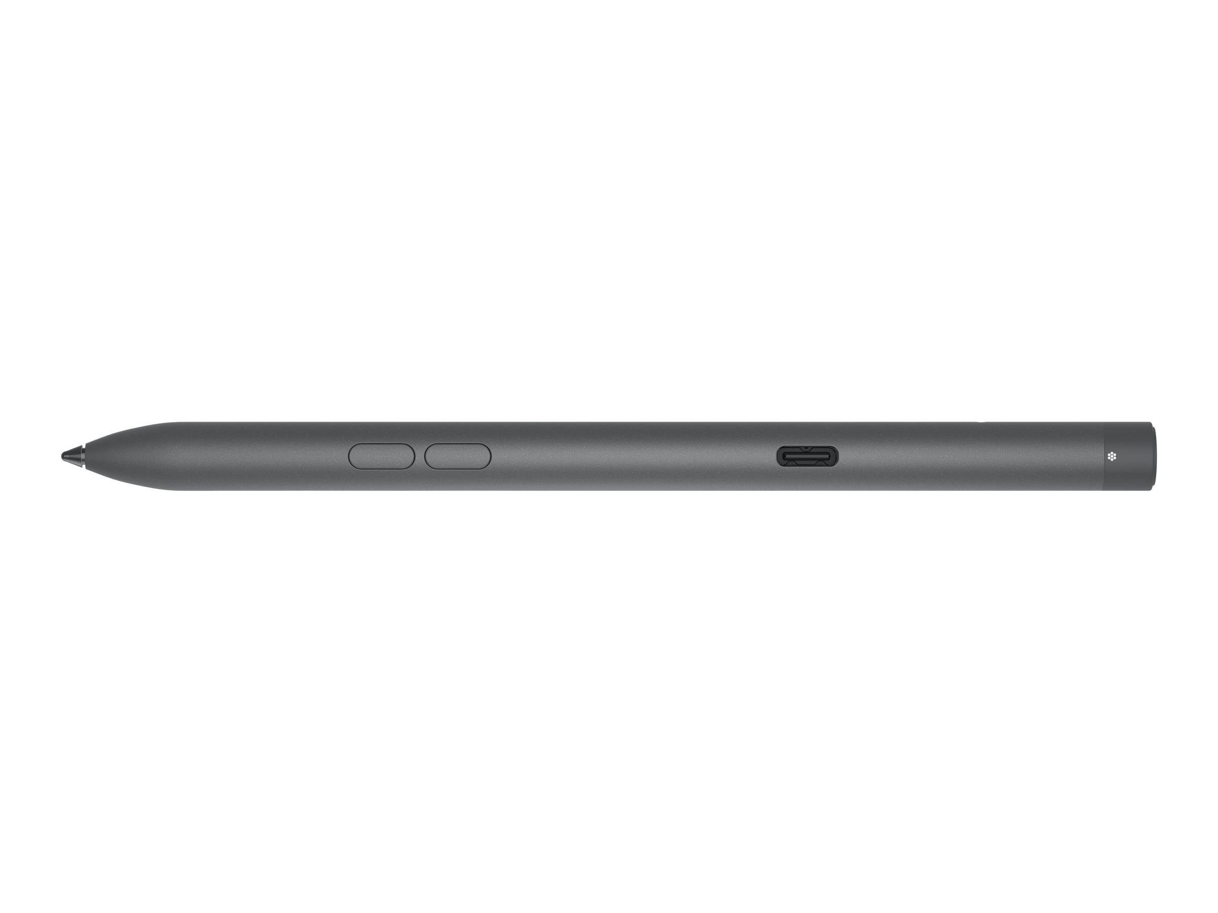 Grauer Stylus-Stift mit zwei Seitenschaltflächen und USB-C-Ladeanschluss, horizontal auf weißem Hintergrund gezeigt.