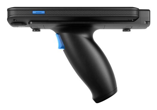 Schwarze tragbare Scanner-Pistole mit blauem Abzug, Seitenansicht vor weißem Hintergrund dargestellt.