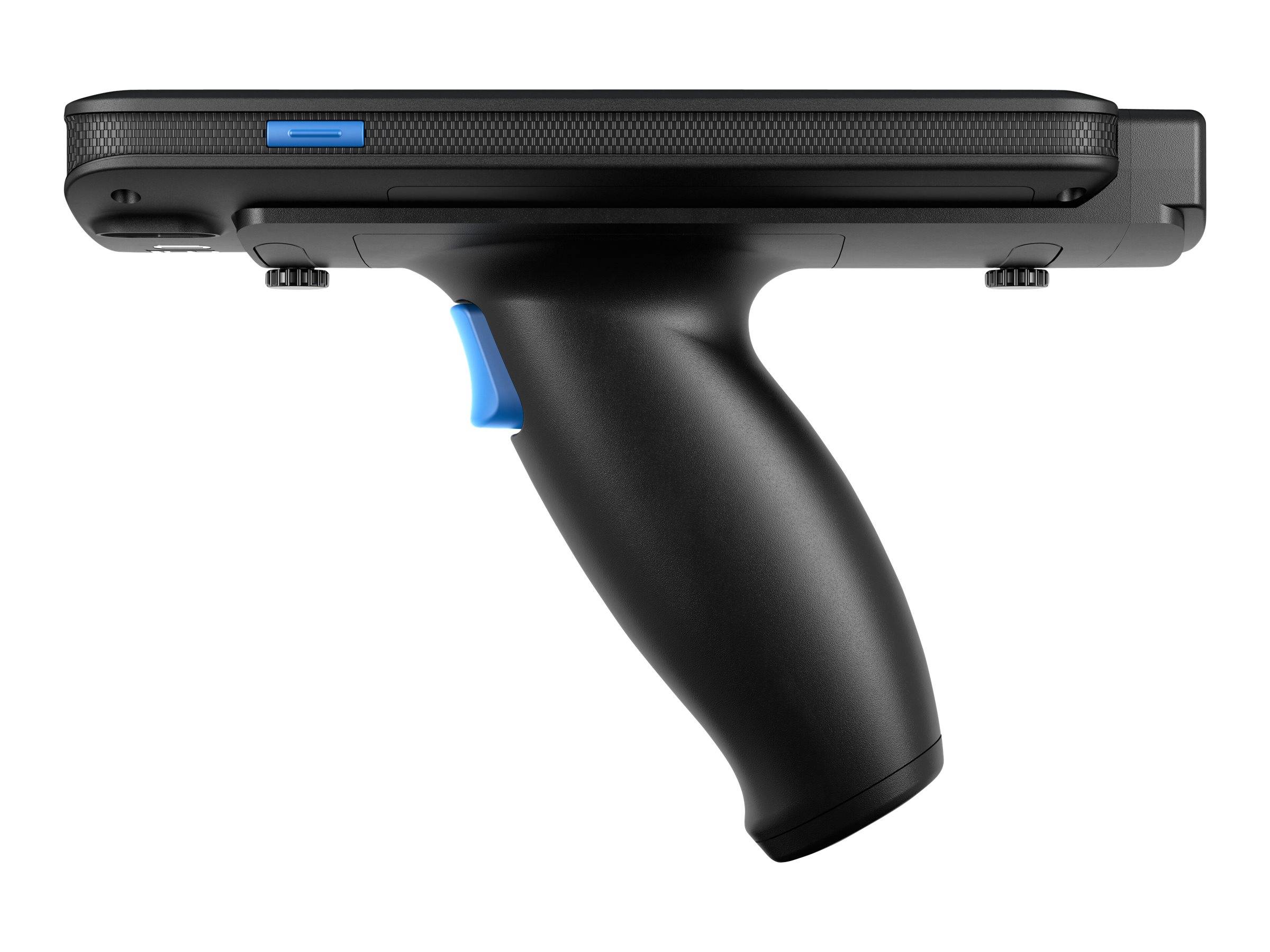 Schwarzer tragbarer Scanner mit gekrümmtem Pistolengriff und blauem Abzug, gezeigt auf weißem Hintergrund.