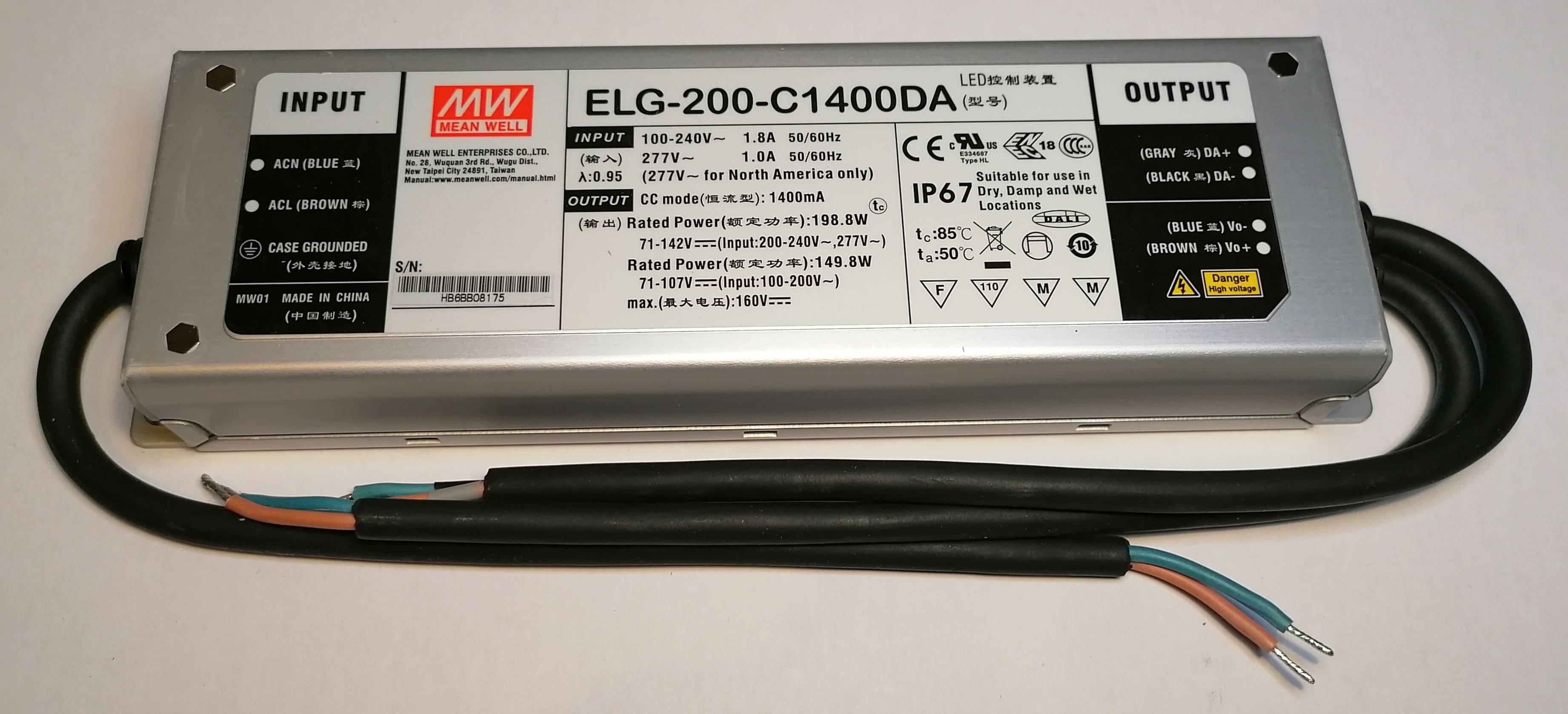 Mean Well ELG-200-C1400DA Led Netzteil KSQ 200W 71-142V 1400mA CC + Dali IP67