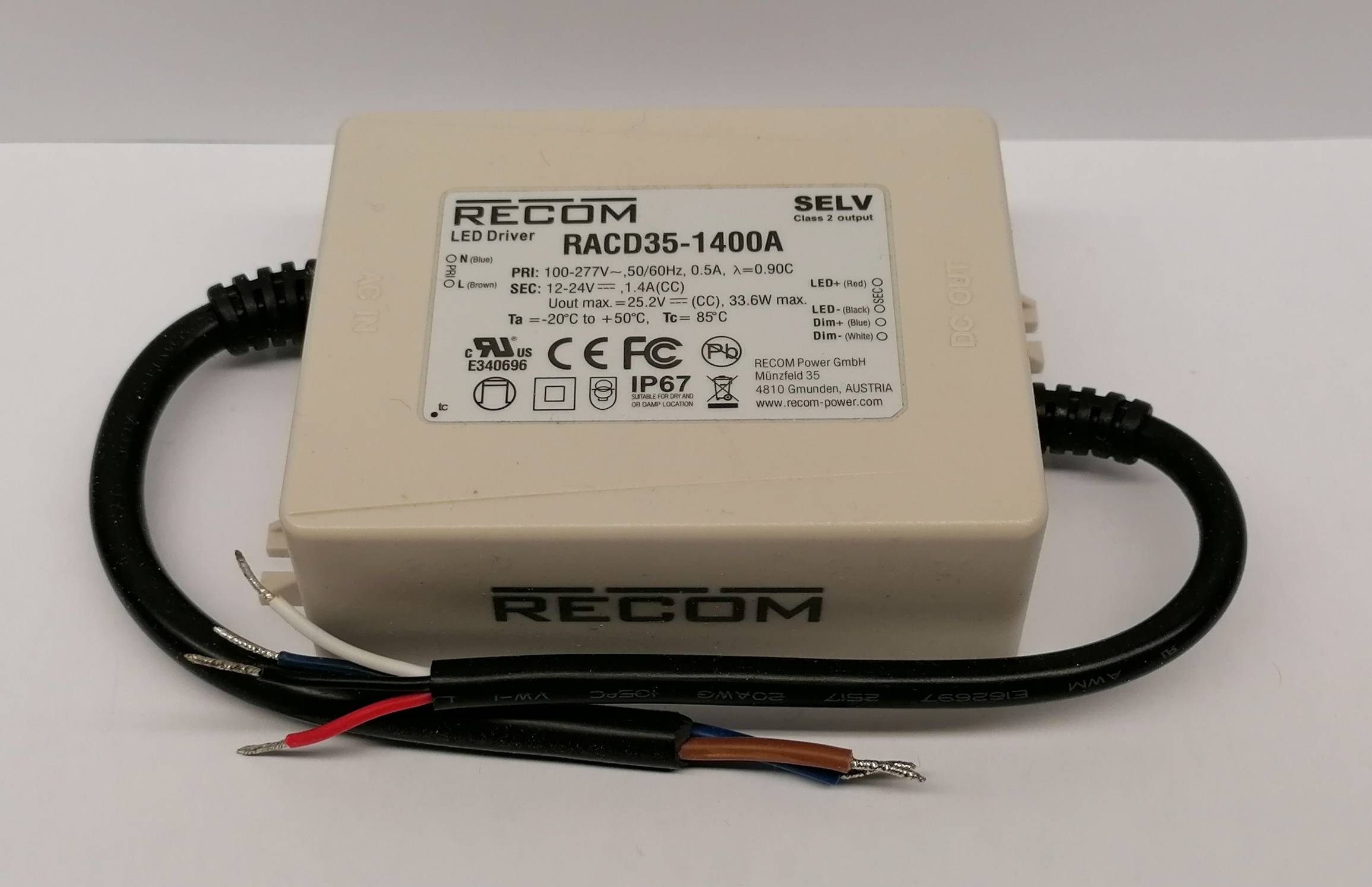 Recom RACD35-1400A Led Netzteil KSQ 33,6W 12-24V 1,4A CC + Dimmbar IP67