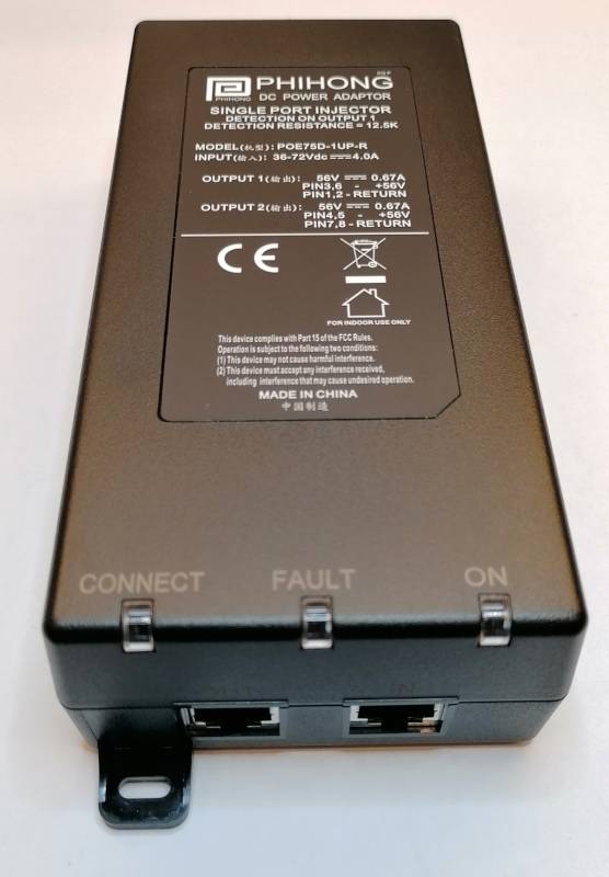 Phihong POE75D-1UP-R POE DC/DC Injektor 1-Port 75W OUT: 2x56V / 2x0,67A IN: 36-72V DC