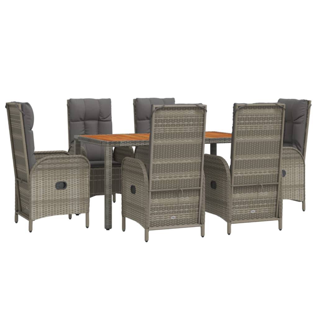 vidaXL 7-tlg. Garten-Essgruppe mit Kissen Grau Poly Rattan