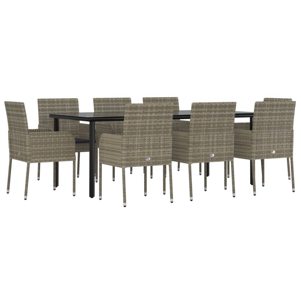 vidaXL 9-tlg. Garten-Essgruppe mit Kissen Schwarz und Grau Poly Rattan