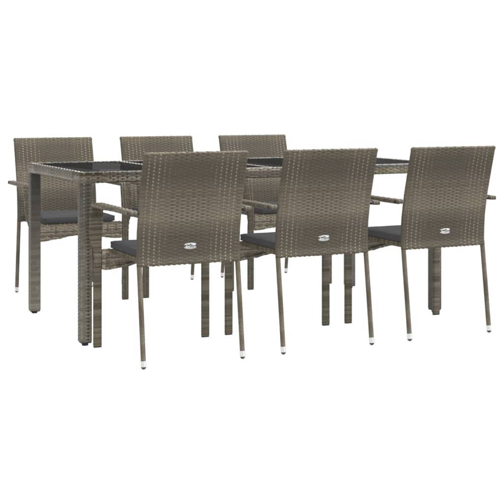 vidaXL 7-tlg. Garten-Essgruppe mit Kissen Grau Poly Rattan