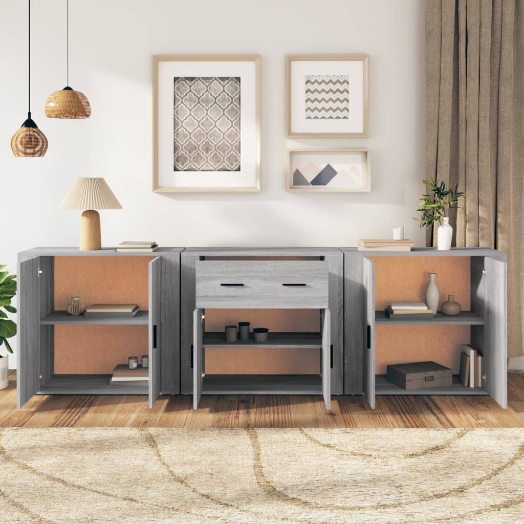 vidaXL Sideboards 3 Stk. Grau Sonoma Holzwerkstoff