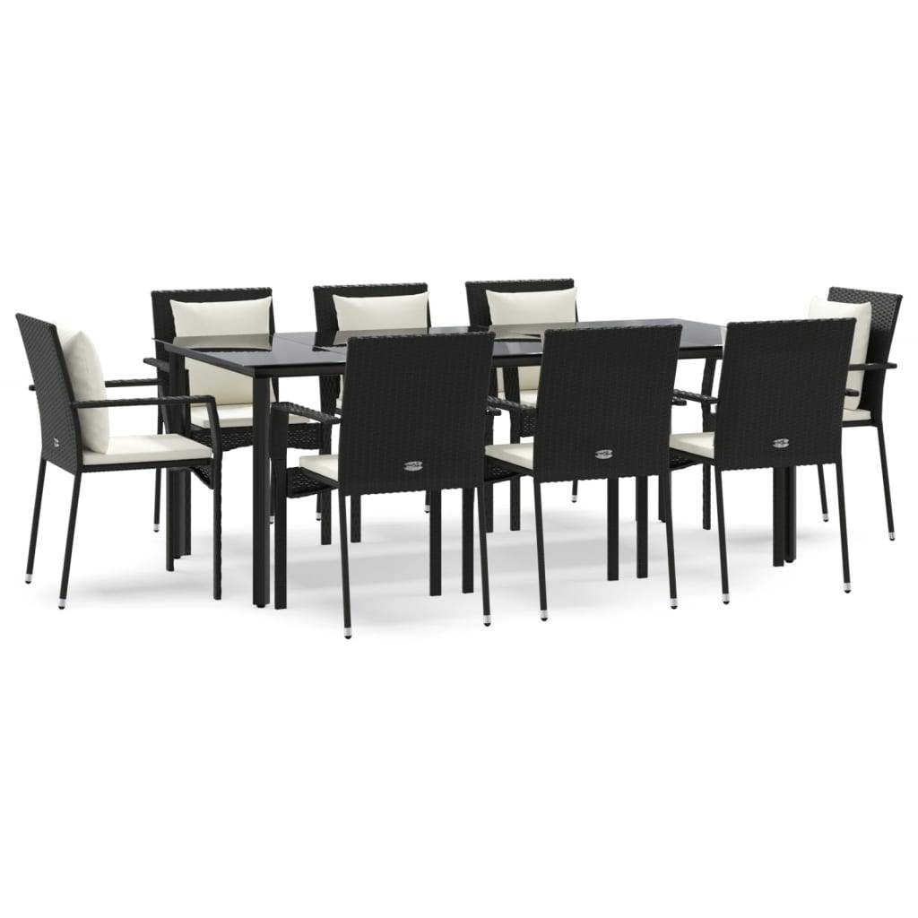 vidaXL 9-tlg. Garten-Essgruppe mit Kissen Schwarz Poly Rattan