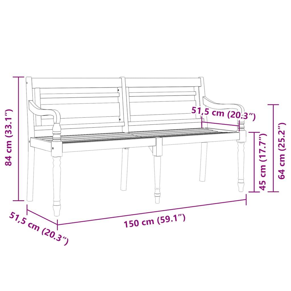vidaXL Batavia-Bank mit Schwarzem Kissen 150 cm Massivholz Teak