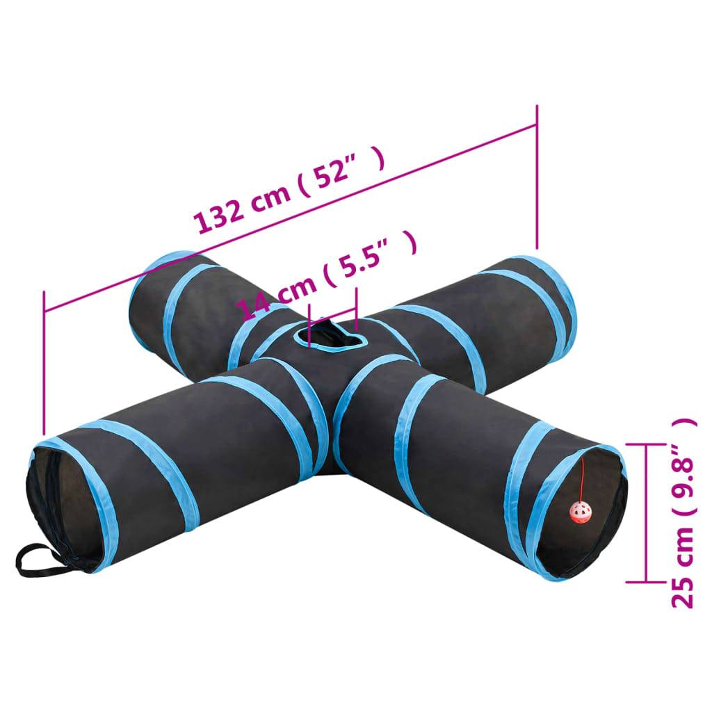 vidaXL Katzentunnel 4-Wege Schwarz und Blau 132 cm Polyester