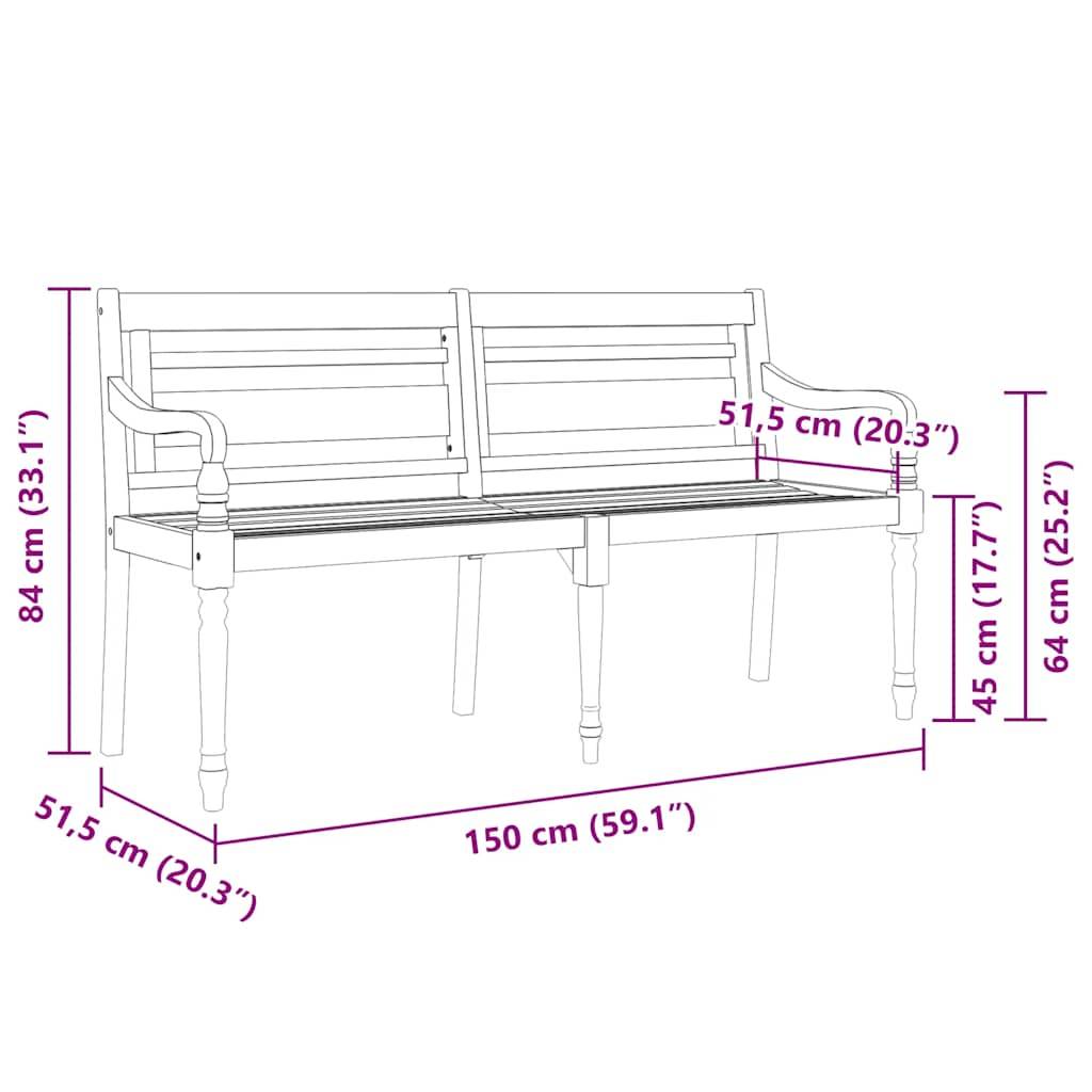 vidaXL Batavia-Bank mit Creme Kissen 150 cm Massivholz Teak