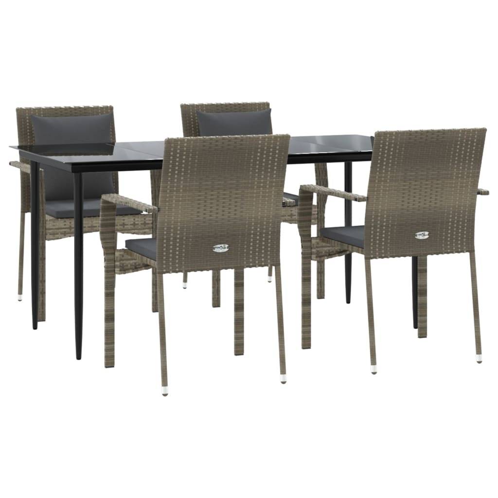vidaXL 5-tlg. Garten-Essgruppe mit Kissen Schwarz und Grau Poly Rattan