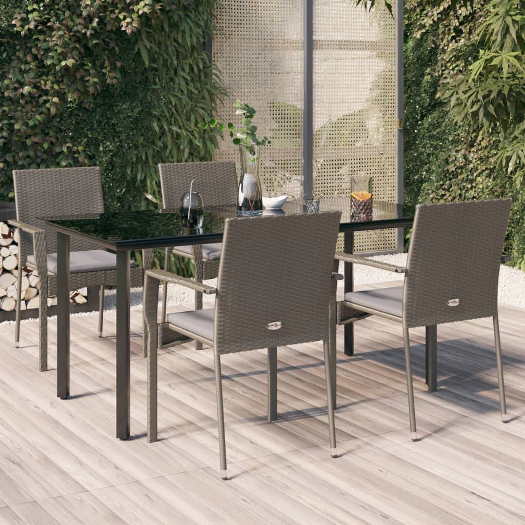 vidaXL 5-tlg. Garten-Essgruppe mit Kissen Schwarz und Grau Poly Rattan